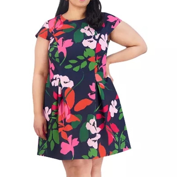 Jessica Howard Navy Floral Pattern Short  Cap Sleeves Crew Neck A Line Dress 22W - Picture 1 of 12